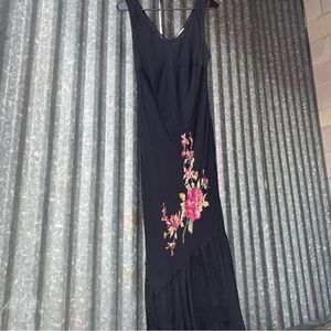 Y2K 100% Silk Black Floral Beaded Whimsy Fairy Maxi Slip Dress Size 14